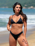 Biquíni Conjunto Preto - Top Cortininha Fixa com Bojo Removível e Calcinha Asa Delta Fio Duplo (Efeito Levanta)